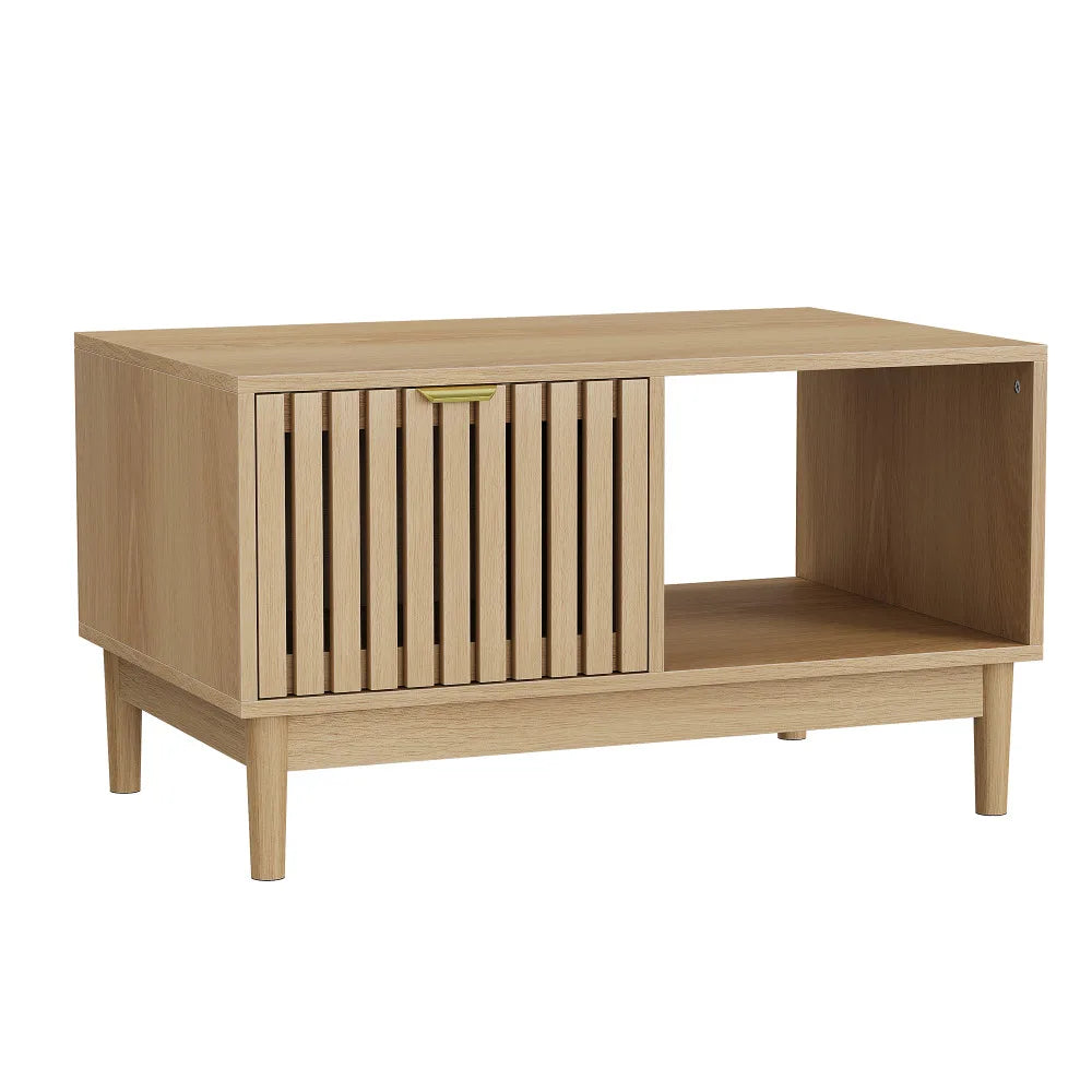 Couchtisch aus Eichenholz im Mid-Century-Stil mit Schublade und offenen Fächern, 80 cm
