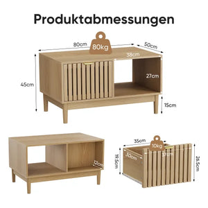 Couchtisch aus Eichenholz im Mid-Century-Stil mit Schublade und offenen Fächern, 80 cm