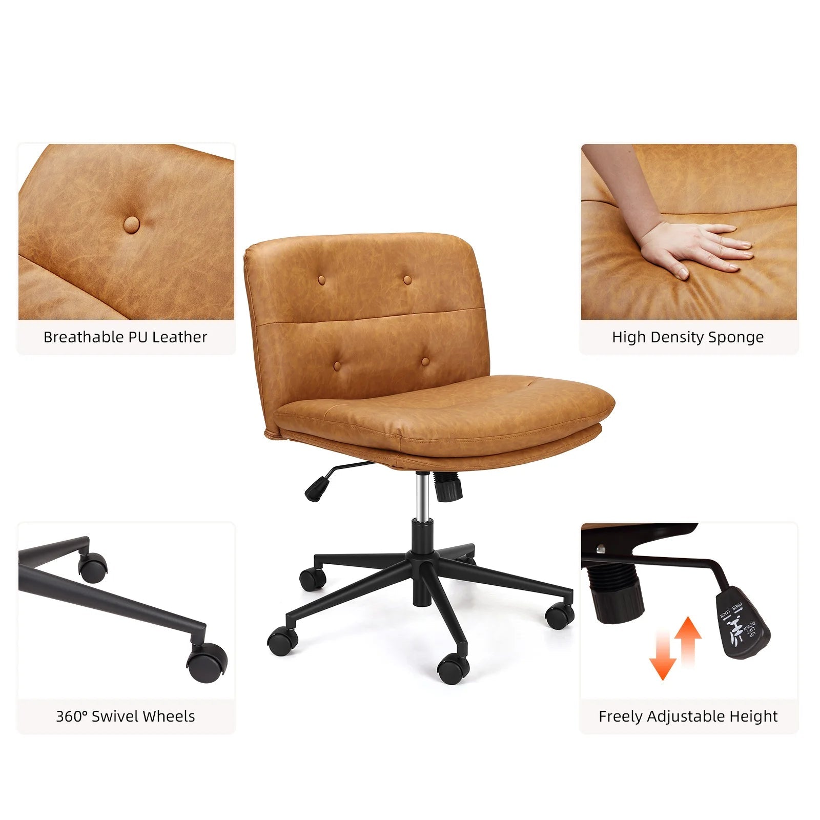 Armloser Büro-SchreibtischstuhlArmloser Drehstuhl mit Rollen, breiter Sitzfläche und verstellbarer Höhe für Büro und Wohnbereichmit Rollen, mittlere Rückenlehne, breiter Sitz, ergonomischer Stuhl 360°