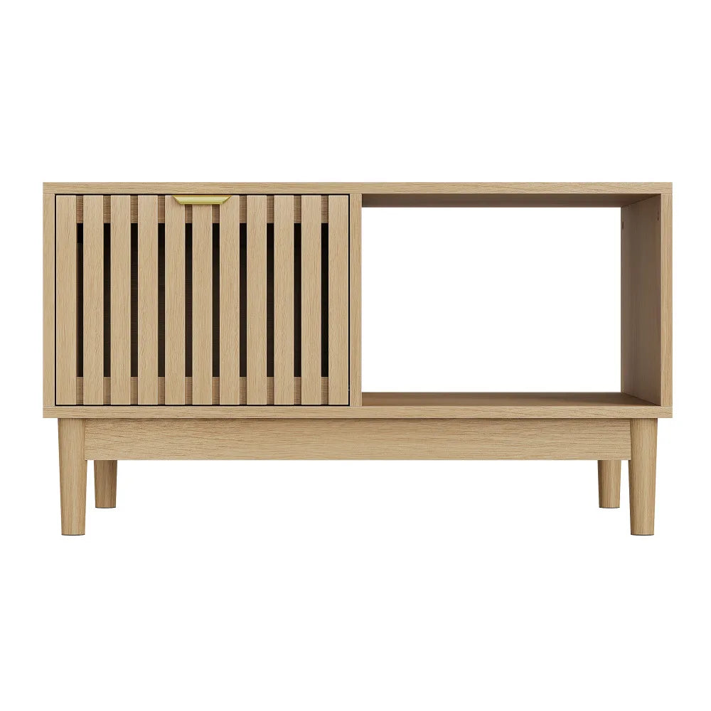 Couchtisch aus Eichenholz im Mid-Century-Stil mit Schublade und offenen Fächern, 80 cm