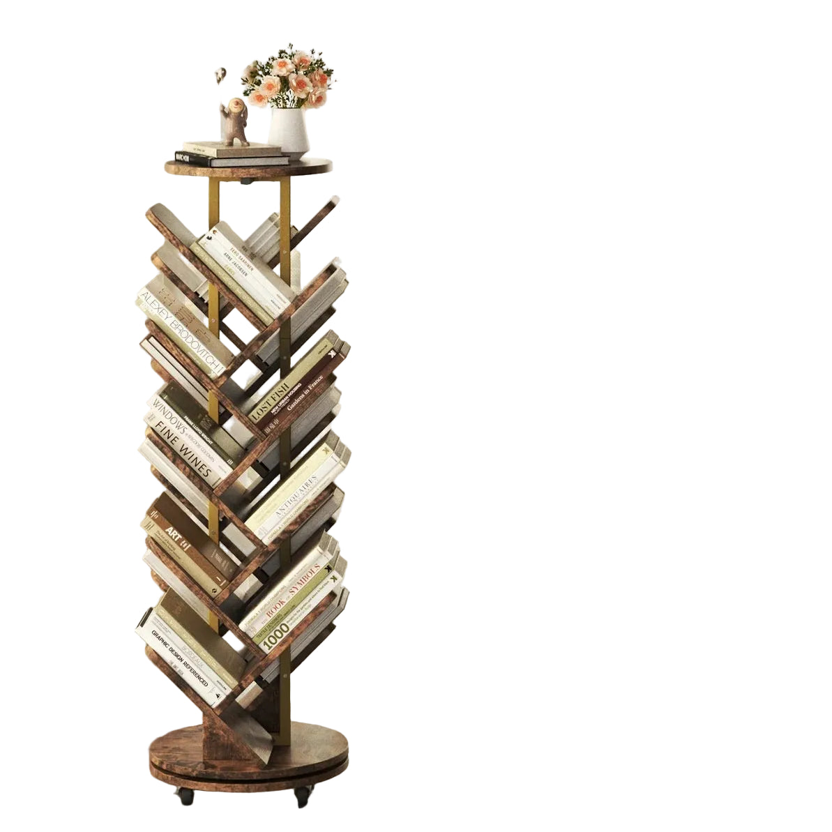 360° Drehbares Bücherregal mit 8 Ablagen und 17 Fächern auf Rollen, platzsparendes Standregal in Braun