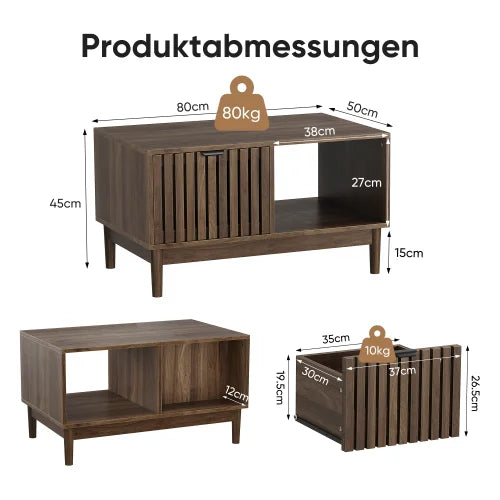 Couchtisch aus Eichenholz im Mid-Century-Stil mit Schublade und offenen Fächern, 80 cm