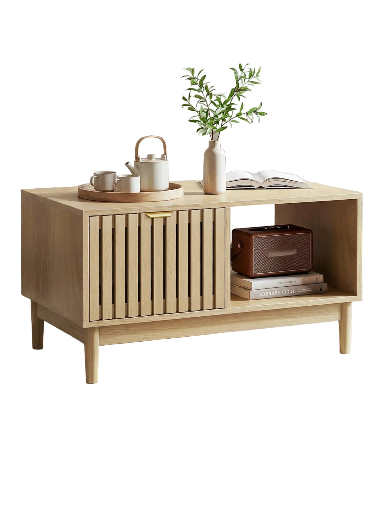 Couchtisch aus Eichenholz im Mid-Century-Stil mit Schublade und offenen Fächern, 80 cm