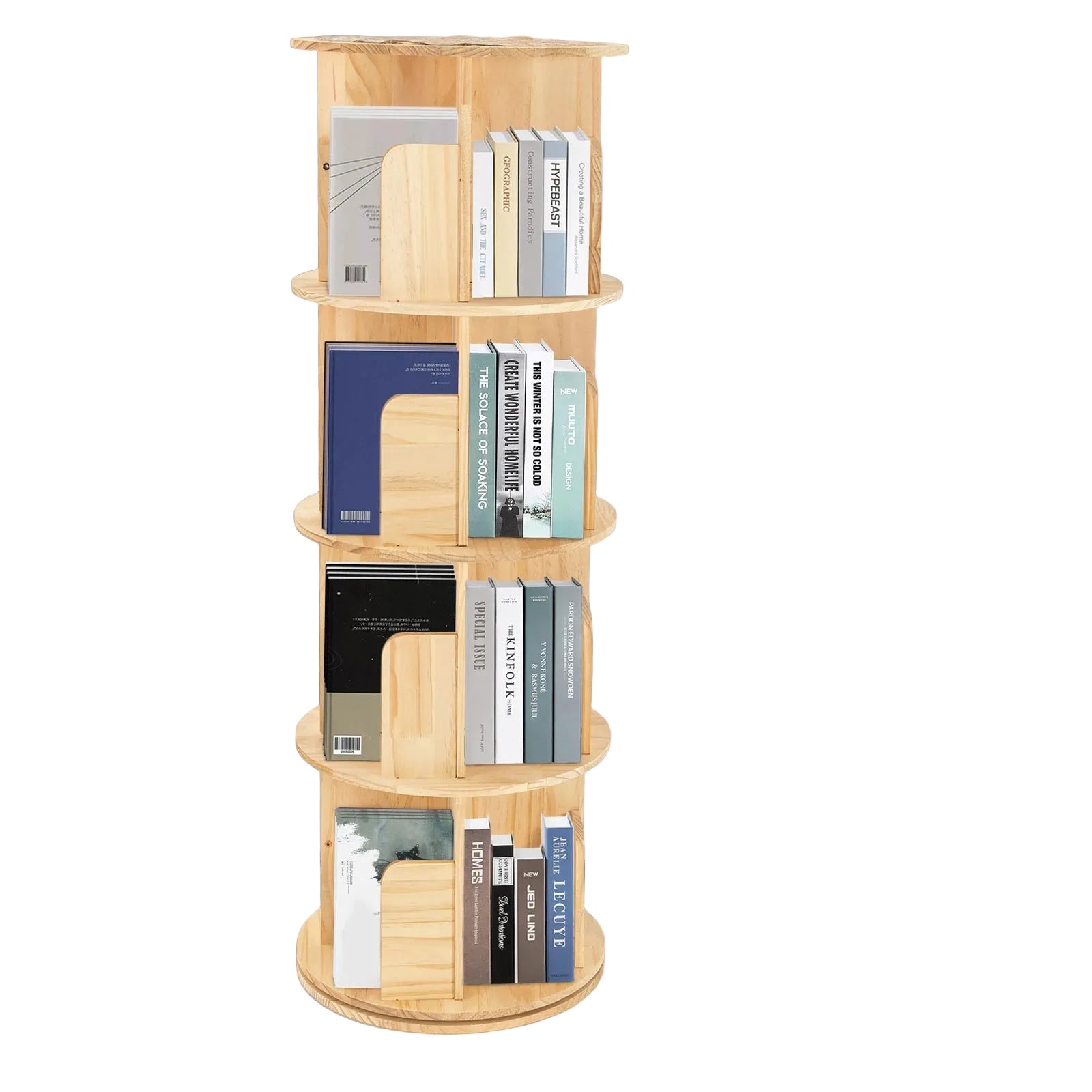 4-stöckiges drehbares Bücherregal aus massivem Kiefernholz, 128 cm, mit 360°-Drehfunktion