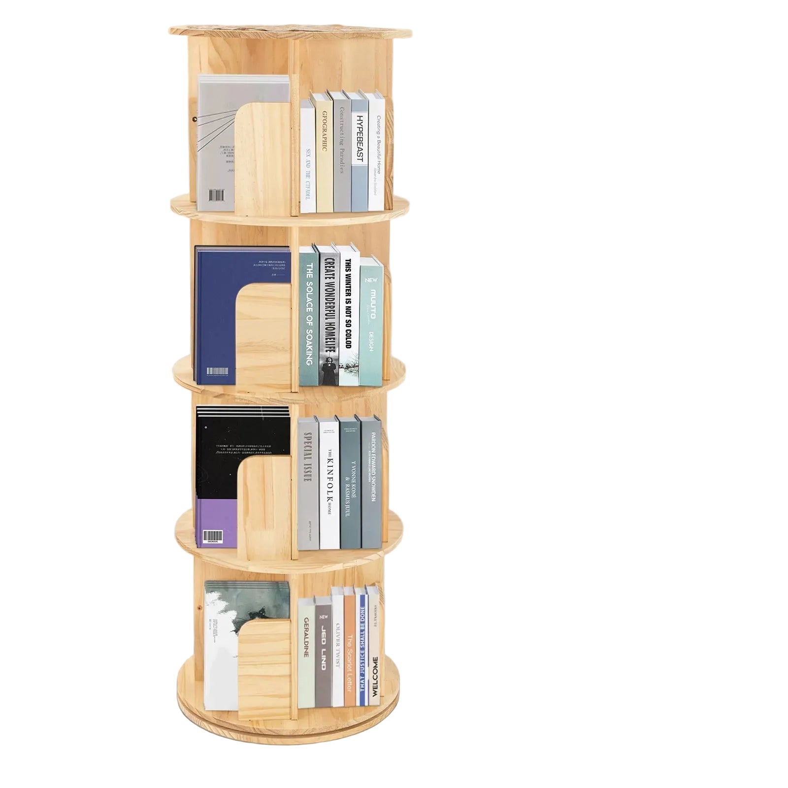 4-stöckiges drehbares Bücherregal aus massivem Kiefernholz, 128 cm, mit 360°-Drehfunktion
