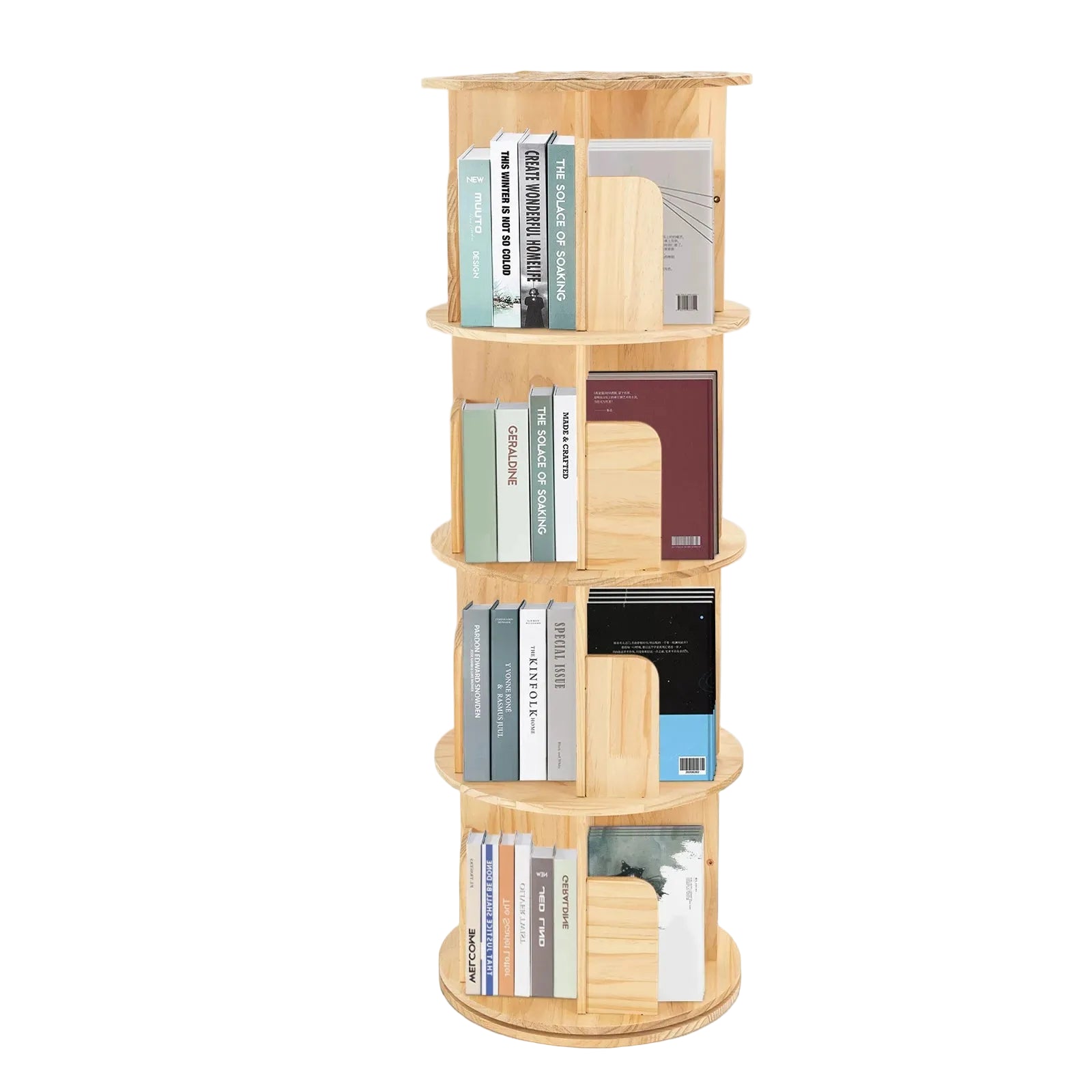 4-stöckiges drehbares Bücherregal aus massivem Kiefernholz, 128 cm, mit 360°-Drehfunktion