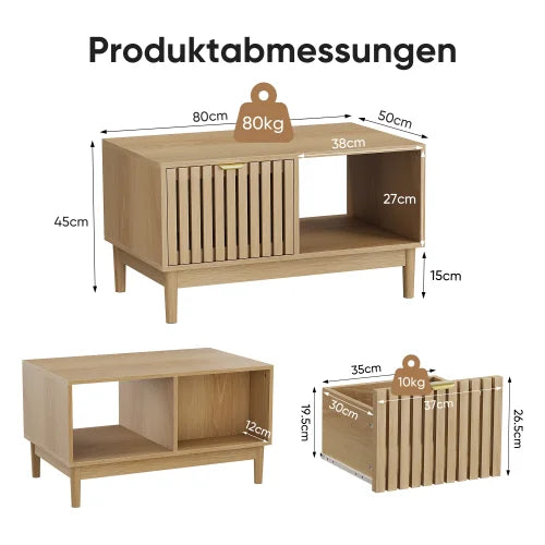 Couchtisch aus Eichenholz im Mid-Century-Stil mit Schublade und offenen Fächern, 80 cm