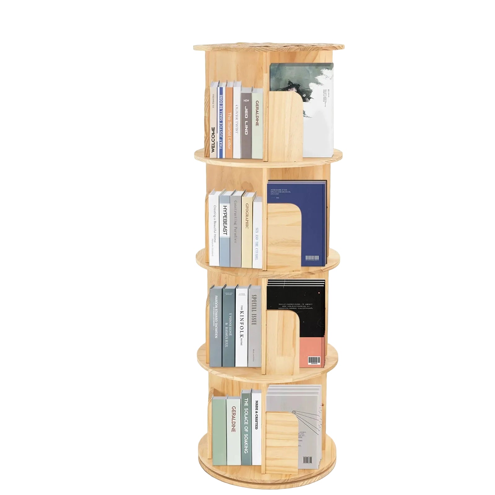 4-stöckiges drehbares Bücherregal aus massivem Kiefernholz, 128 cm, mit 360°-Drehfunktion