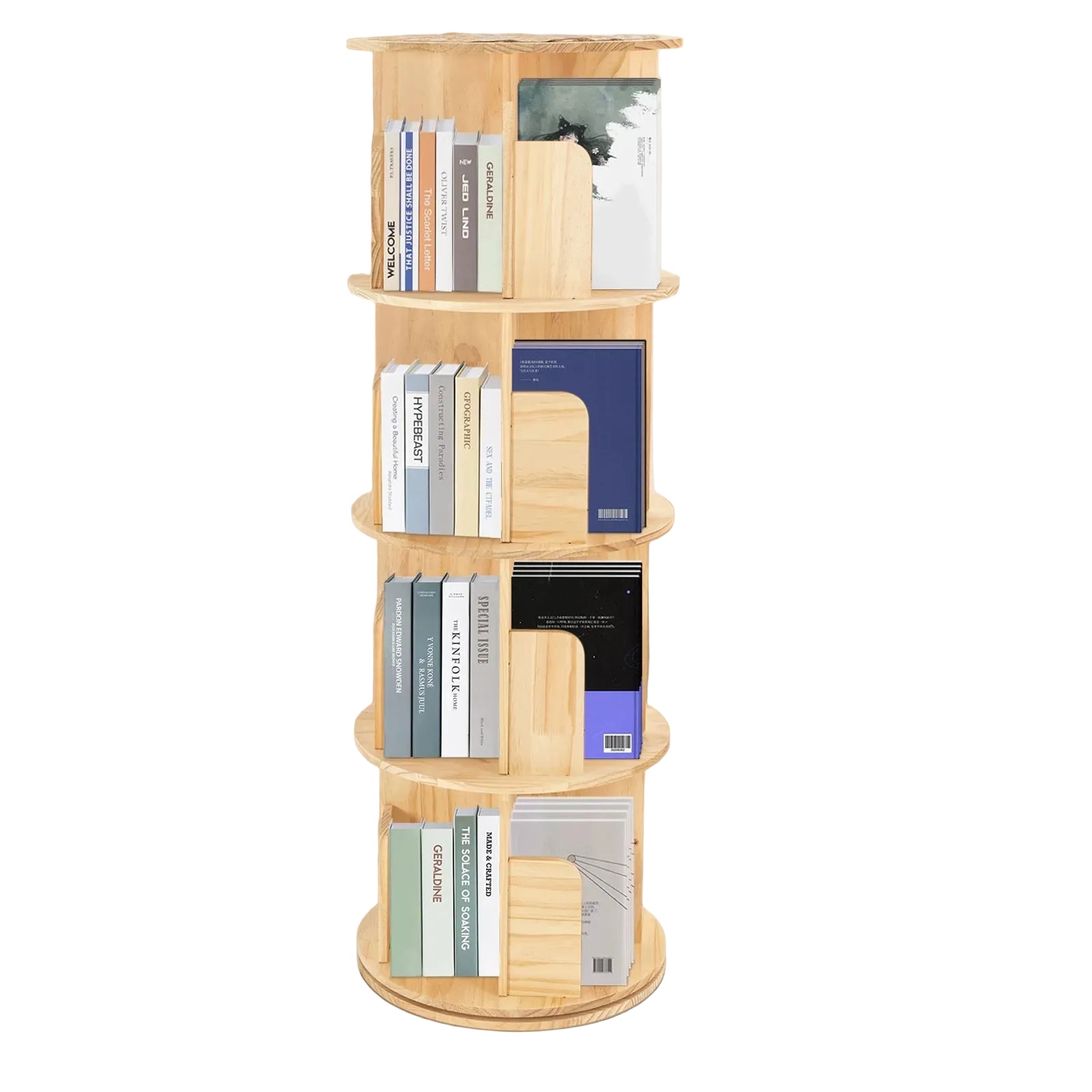 4-stöckiges drehbares Bücherregal aus massivem Kiefernholz, 128 cm, mit 360°-Drehfunktion